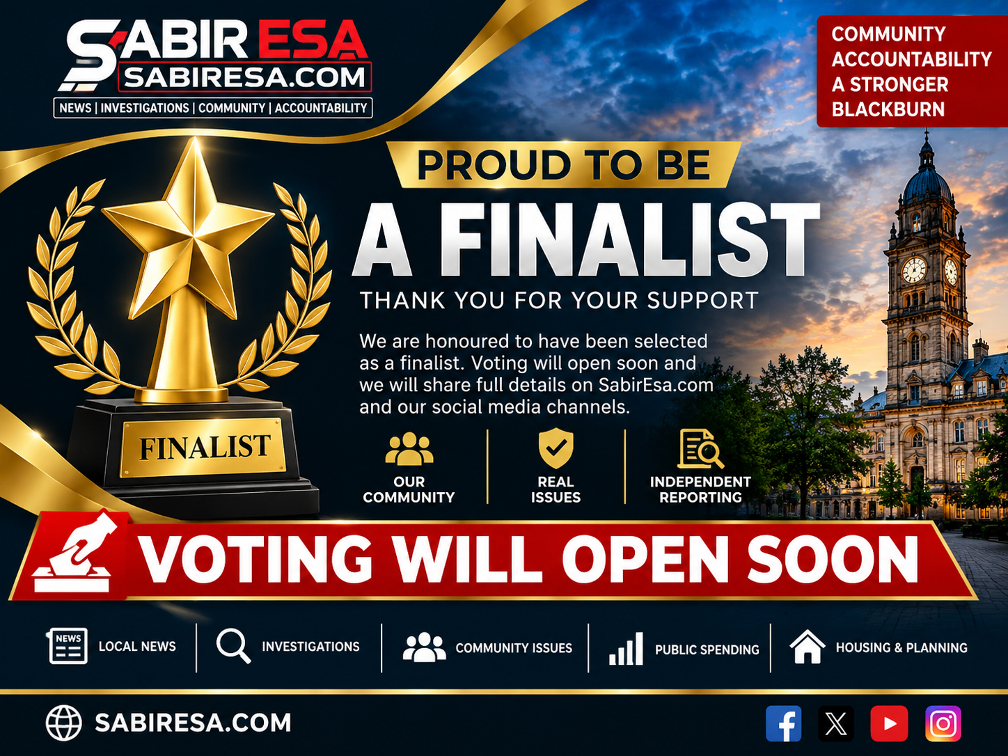 SabirEsa.com finalist announcement graphic: a gold star trophy marked Finalist beside Blackburn Town Hall, with the words Proud to be a Finalist, Thank you for your support, and Voting will open soon.